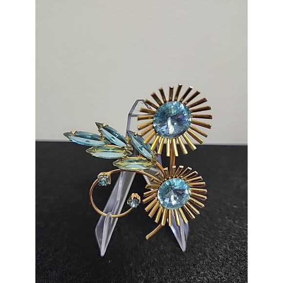 Vintage Rhinestone & Glass Blue Gold Tone Brooch MCM - Picture 2 of 6
